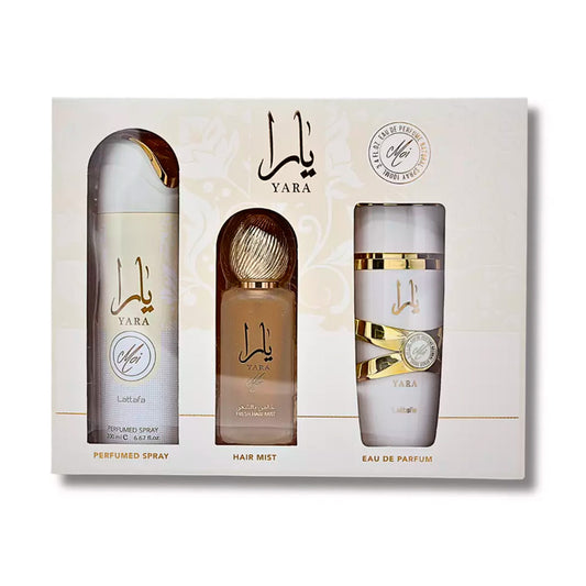 SET YARA Moi Collection Gift Set 3 pcs 3.4 Oz EDP + 1.7 Oz Hair Mist + 6.8 Oz Body Spray By Lattafa Unisex