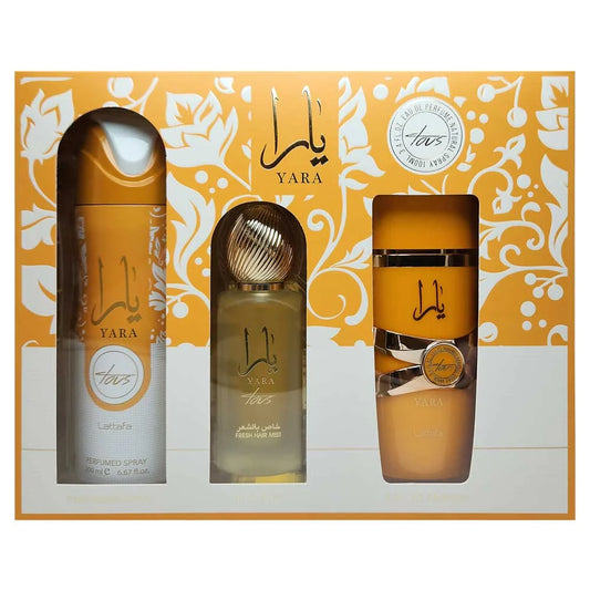 SET YARA TOUS Collection Gift Set 3 pcs 3.4 oz EDP + 1.7 oz Hair Mist + 6.8 oz Body Spray By Lattafa