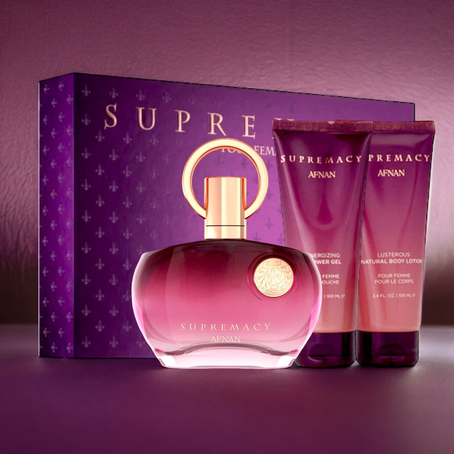 Supremacy Purple by Afnan for Women 3 PCS Set: Eau de Parfum 3.4 oz + Body Lotion + Shower Gel
